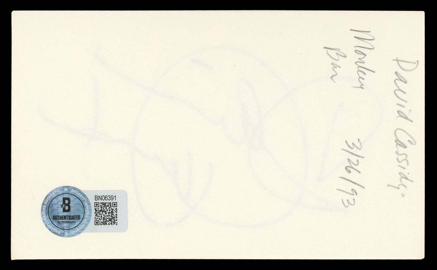 David Cassidy The Partridge Family Authentic Signed 3x5 Index Card BAS #BN06391