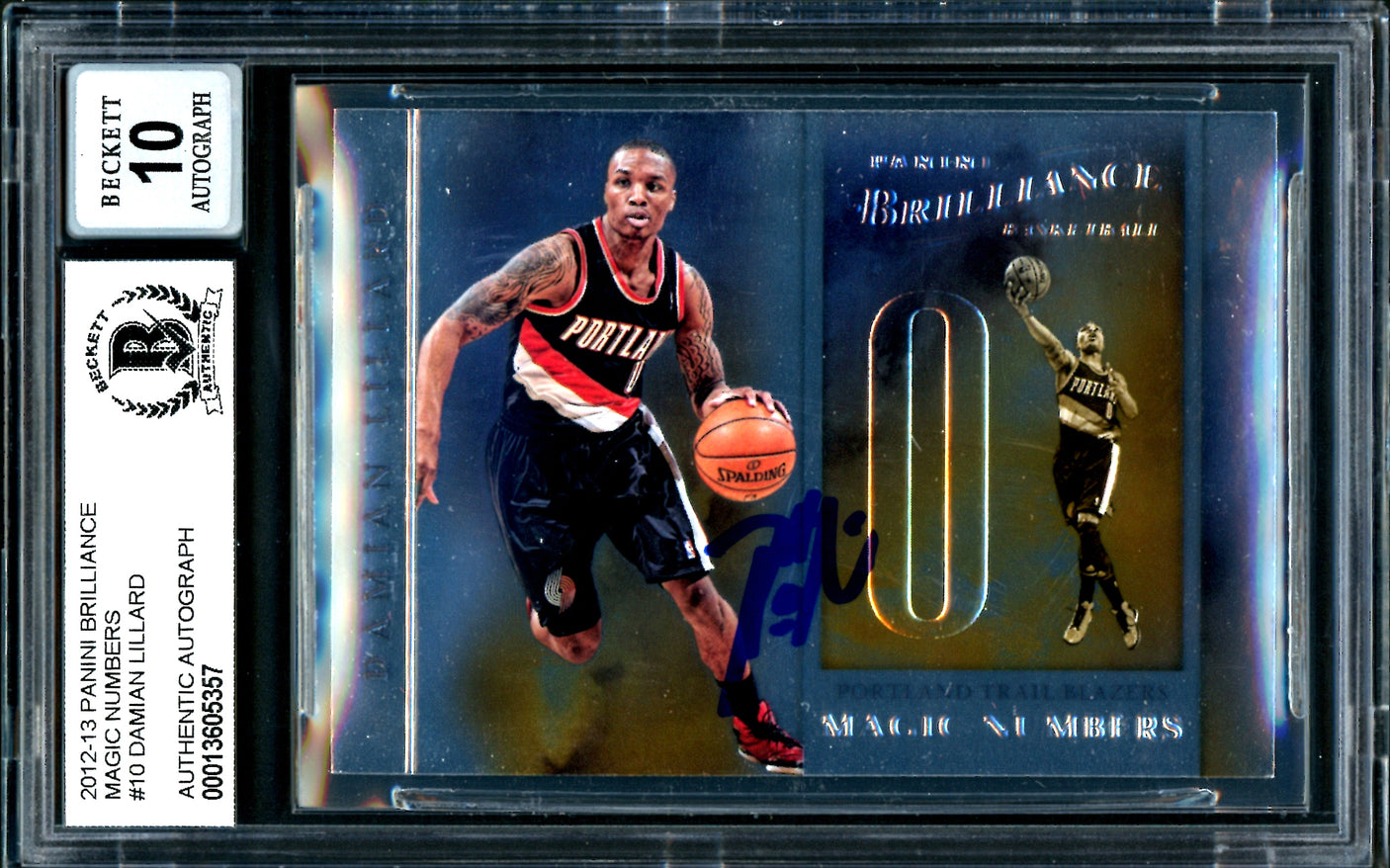 Damian Lillard Autographed 2012-13 Panini Brilliance Magic Numbers Rookie Card #10 Portland Trail Blazers Auto Grade Gem Mint 10 Beckett BAS #13605357