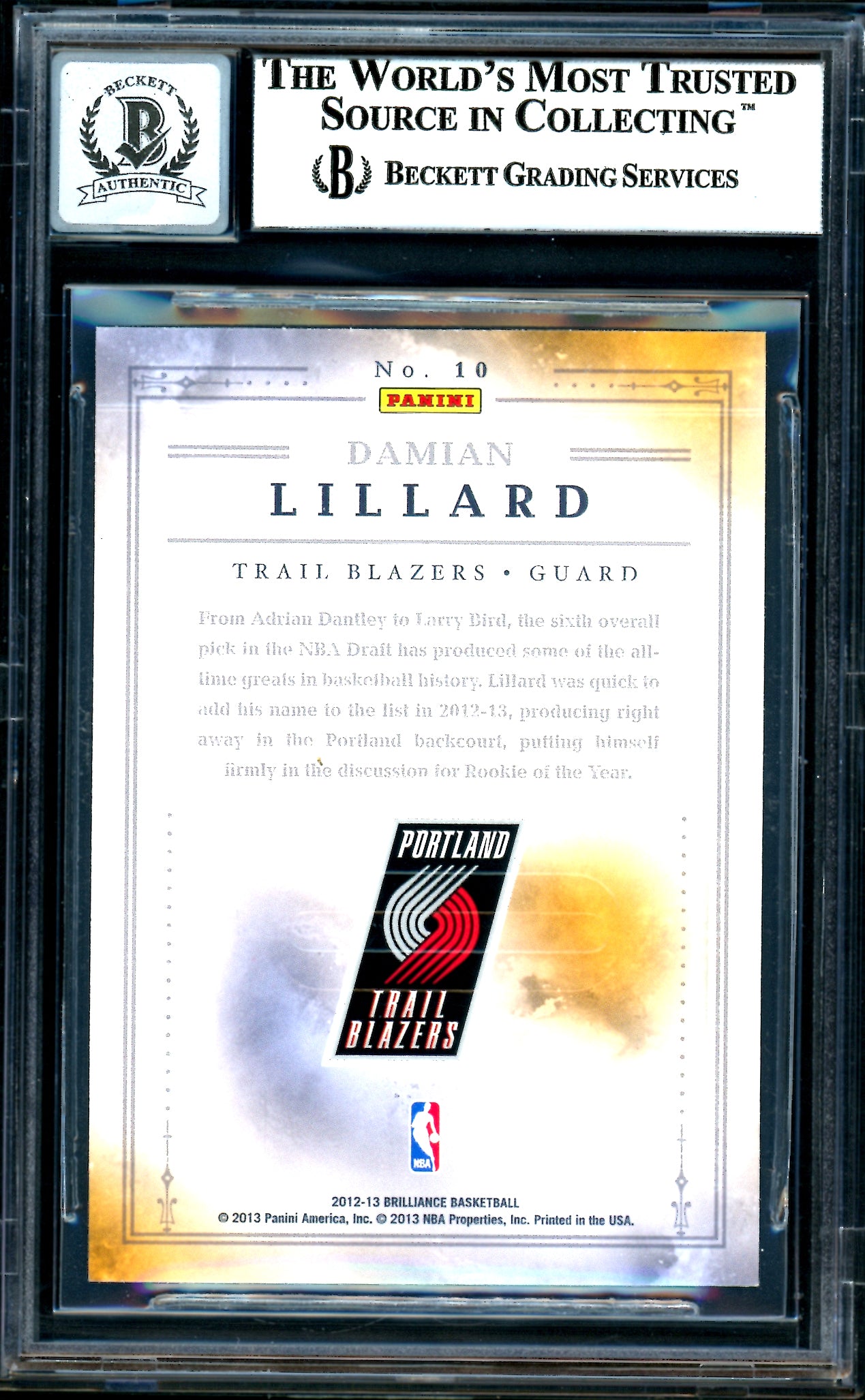 Damian Lillard Autographed 2012-13 Panini Brilliance Magic Numbers Rookie Card #10 Portland Trail Blazers Auto Grade Gem Mint 10 Beckett BAS #13605357
