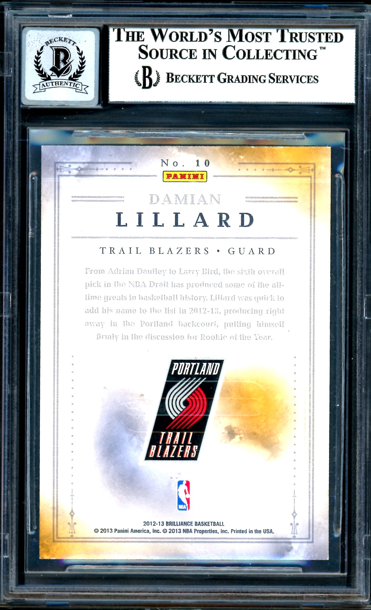 Damian Lillard Autographed 2012-13 Panini Brilliance Magic Numbers Rookie Card #10 Portland Trail Blazers Auto Grade Gem Mint 10 Beckett BAS #13605359