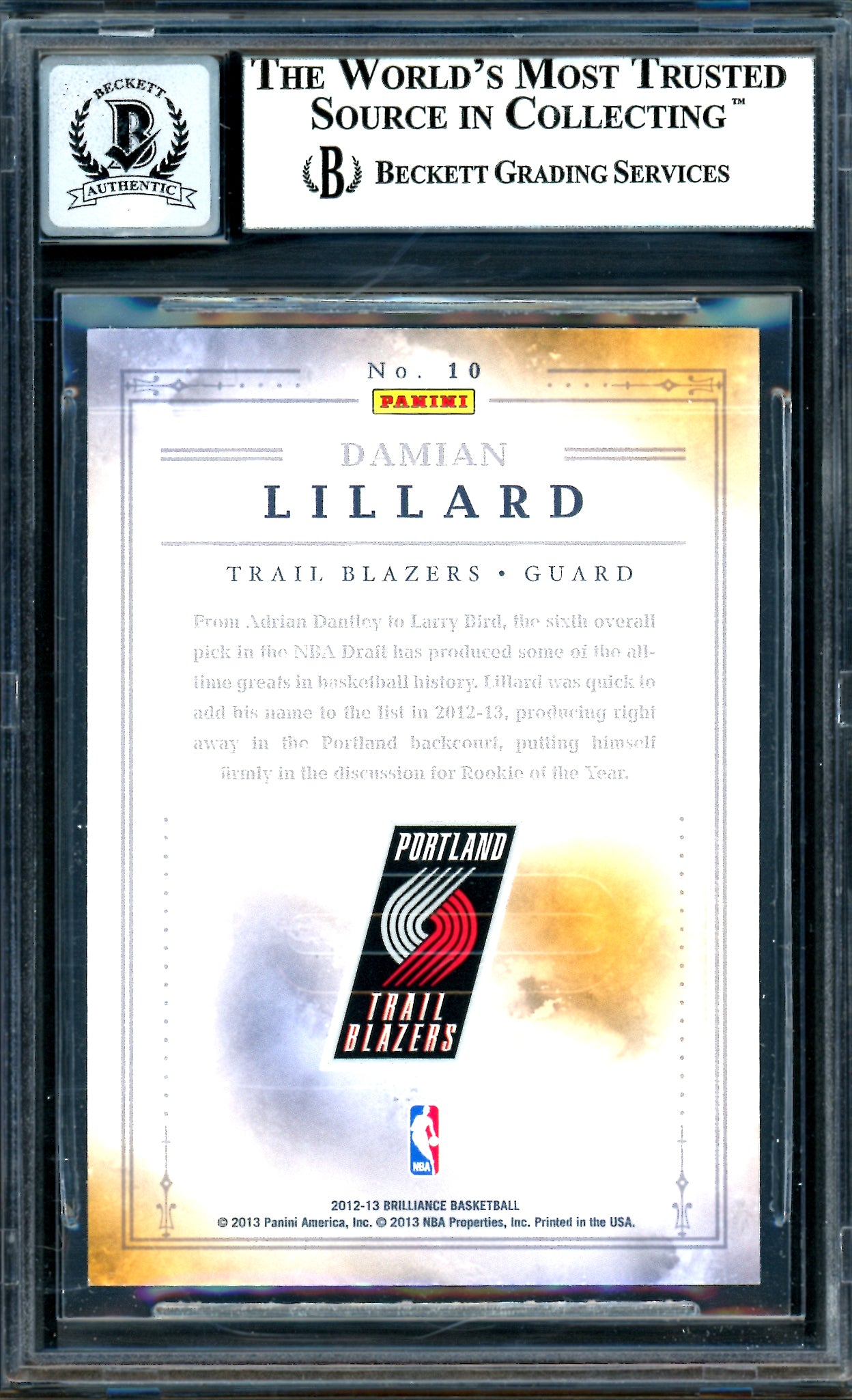 Damian Lillard Autographed 2012-13 Panini Brilliance Magic Numbers Rookie Card #10 Portland Trail Blazers Auto Grade Gem Mint 10 Beckett BAS #13605355