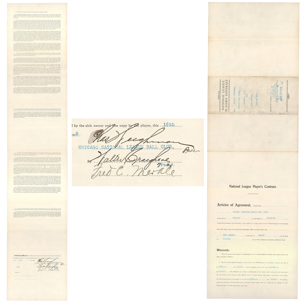 Fred Merkle Autographed Chicago Cubs 1918 Players Contract Beckett BAS #AC94217