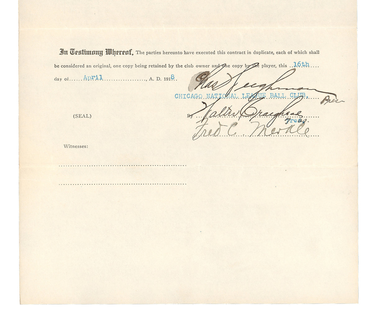 Fred Merkle Autographed Chicago Cubs 1918 Players Contract Beckett BAS #AC94217