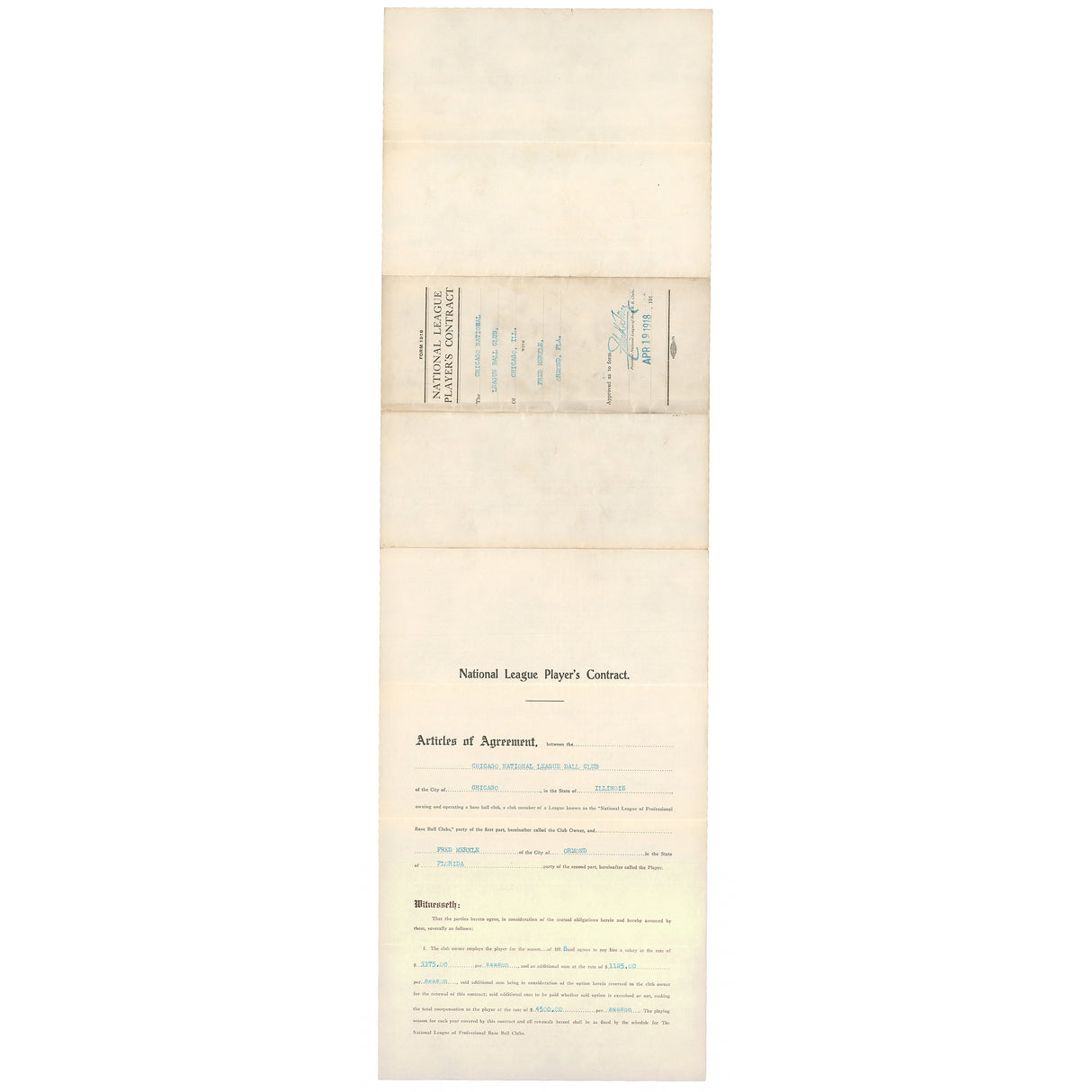 Fred Merkle Autographed Chicago Cubs 1918 Players Contract Beckett BAS #AC94217
