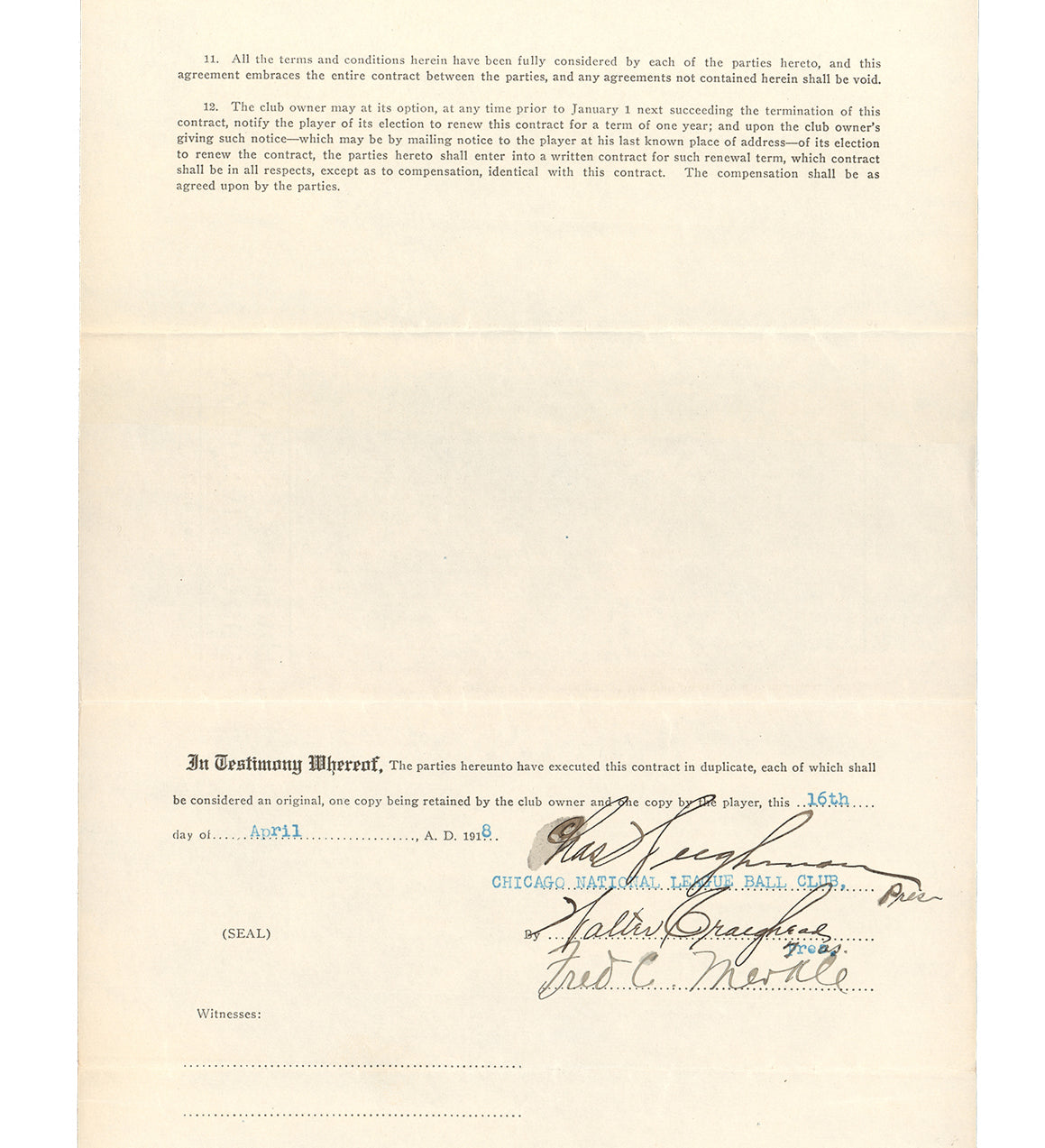 Fred Merkle Autographed Chicago Cubs 1918 Players Contract Beckett BAS #AC94217