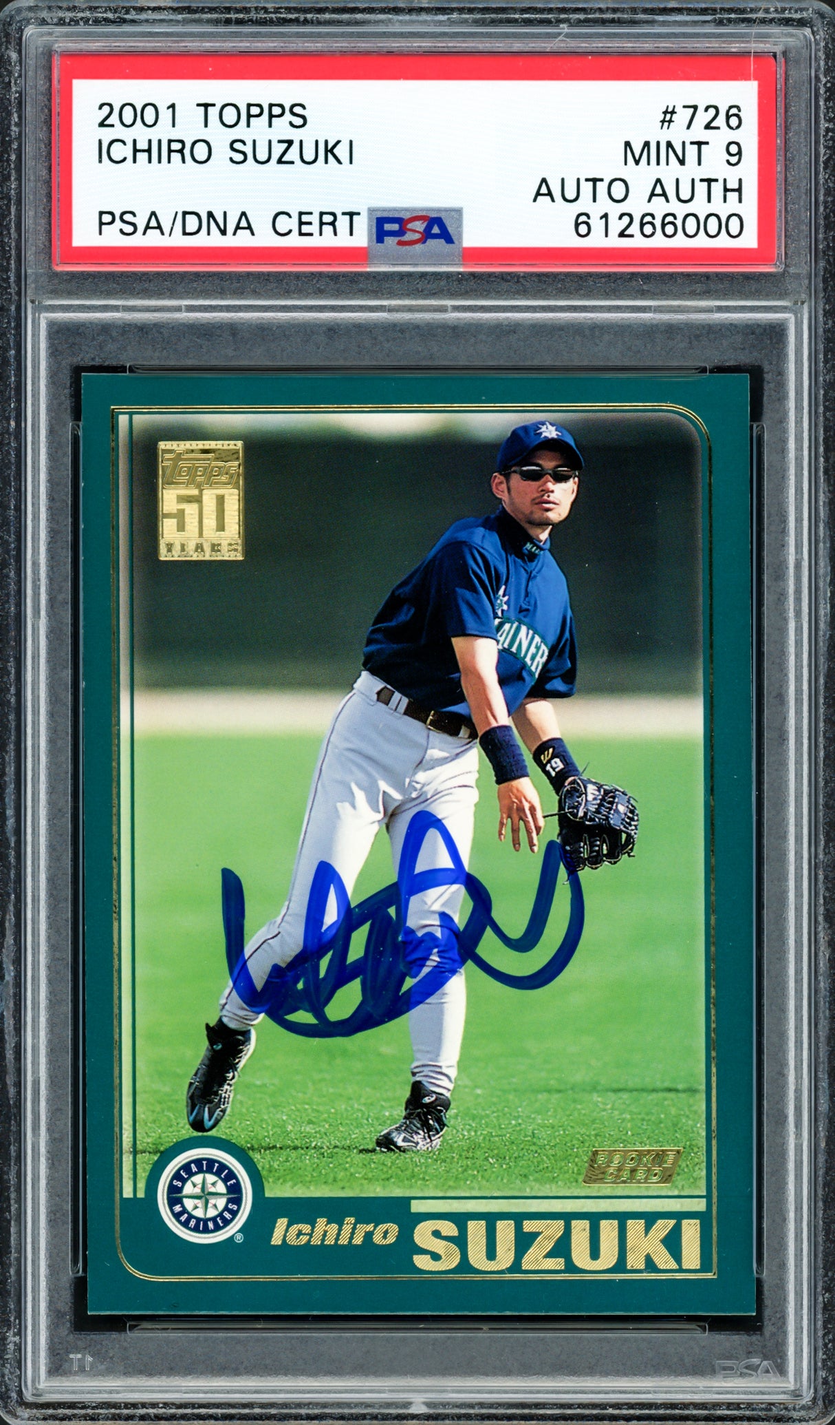 Ichiro Suzuki Autographed 2001 Topps Rookie Card #726 Seattle Mariners PSA 9 PSA/DNA Stock #220861