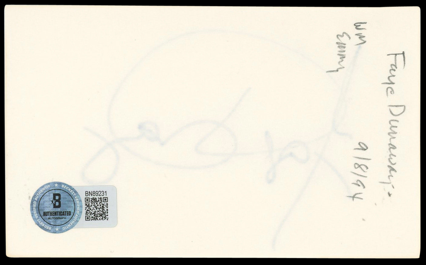 Faye Dunaway Bonnie and Clyde Authentic Signed 3x5 Index Card BAS #BN89231