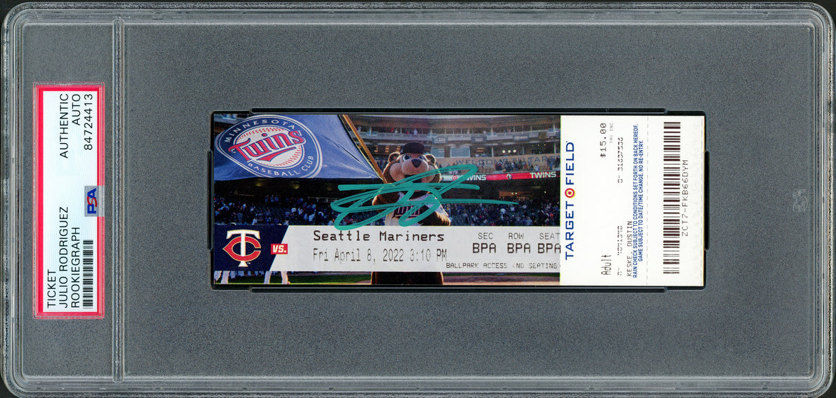 Julio Rodriguez Autographed MLB Debut Ticket 4/8/22 Seattle Mariners Mascot Picture In Teal PSA/DNA Stock #209770