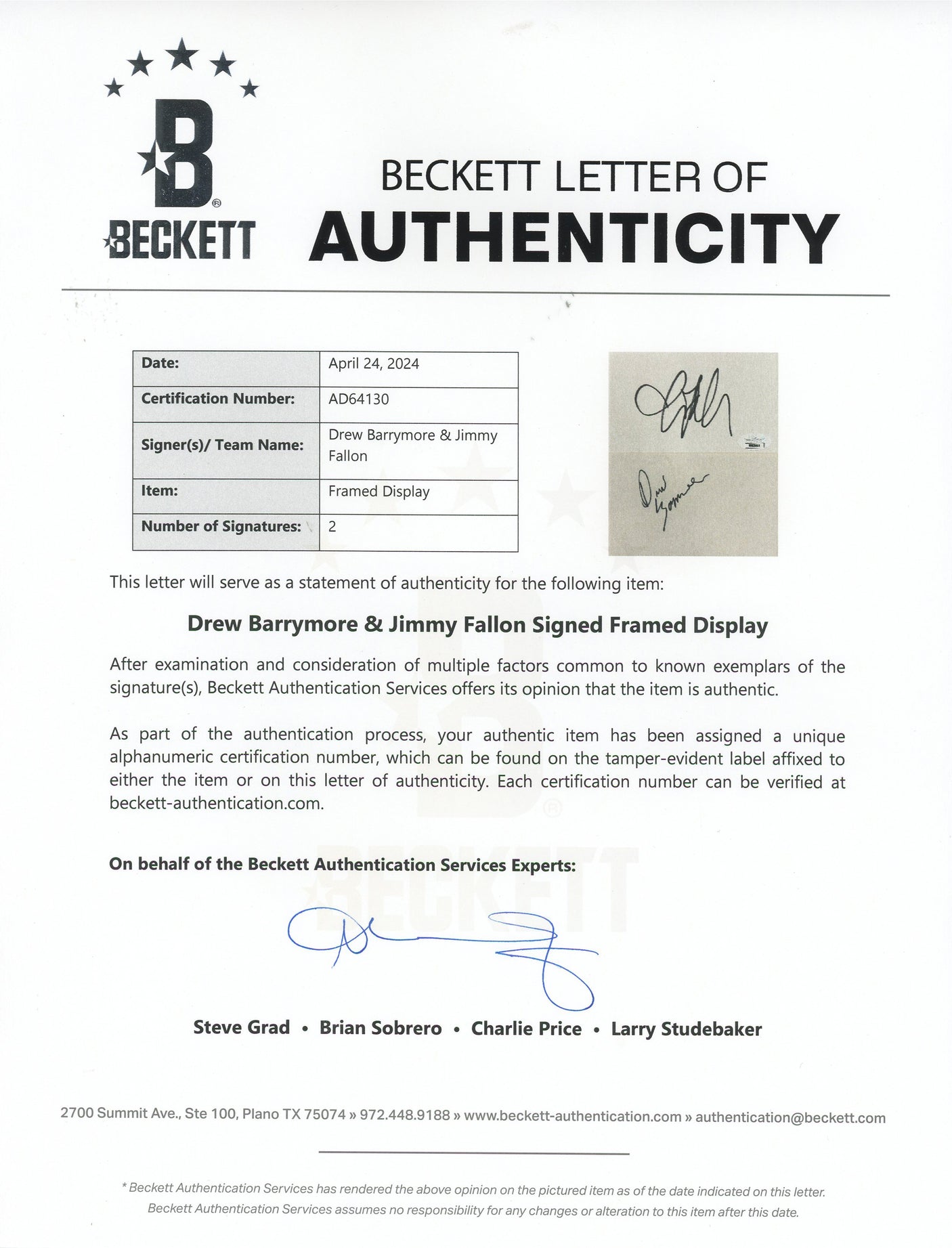 Drew Barrymore & Jimmy Fallon Fever Pitch Signed Framed Display BAS #AD64130