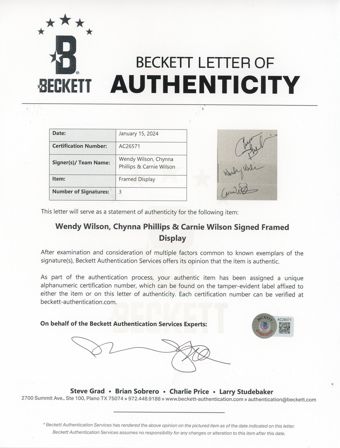 Wilson Phillips (3) Wendy, Chynna & Carnie Signed Framed Display BAS #AC26571