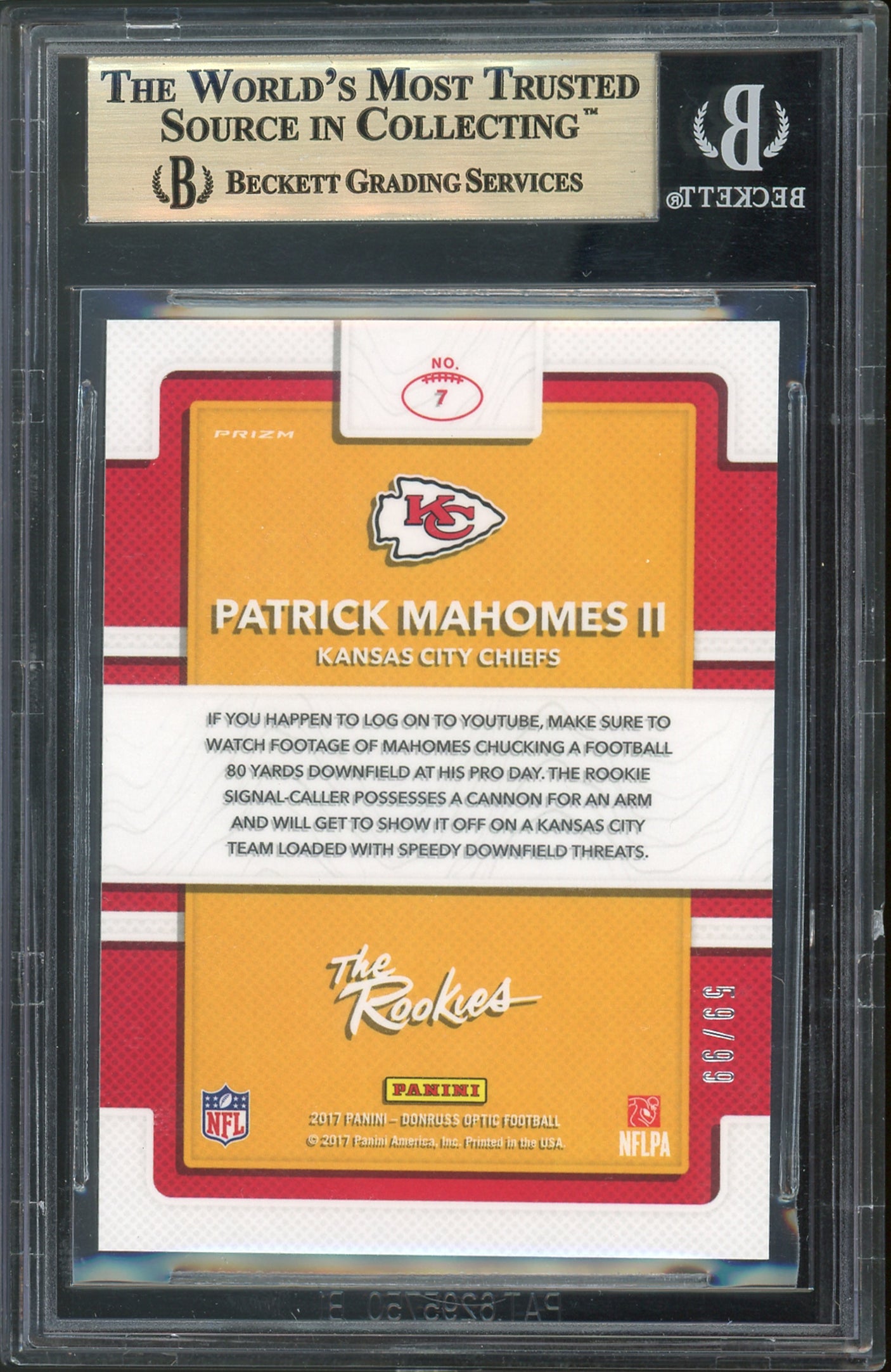 Chiefs Patrick Mahomes 2017 Donruss Optic Rookies Red #7 Card Gem 9.5 BAS Slab