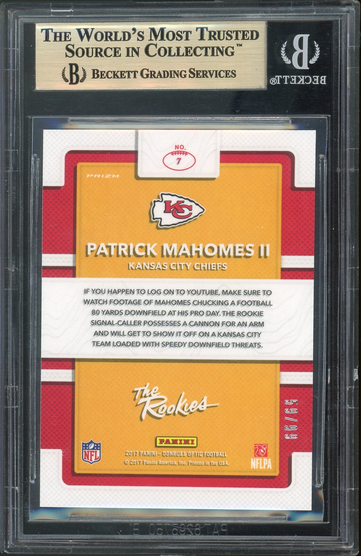 Chiefs Patrick Mahomes 2017 Donruss Optic Rookies Red #7 Card Gem 9.5 BAS Slab