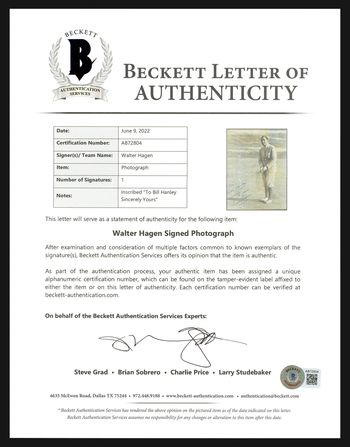 Walter Hagen Autographed Framed 10x13 Photo "To Bill, Sincerely Yours" Beckett BAS #AB72804