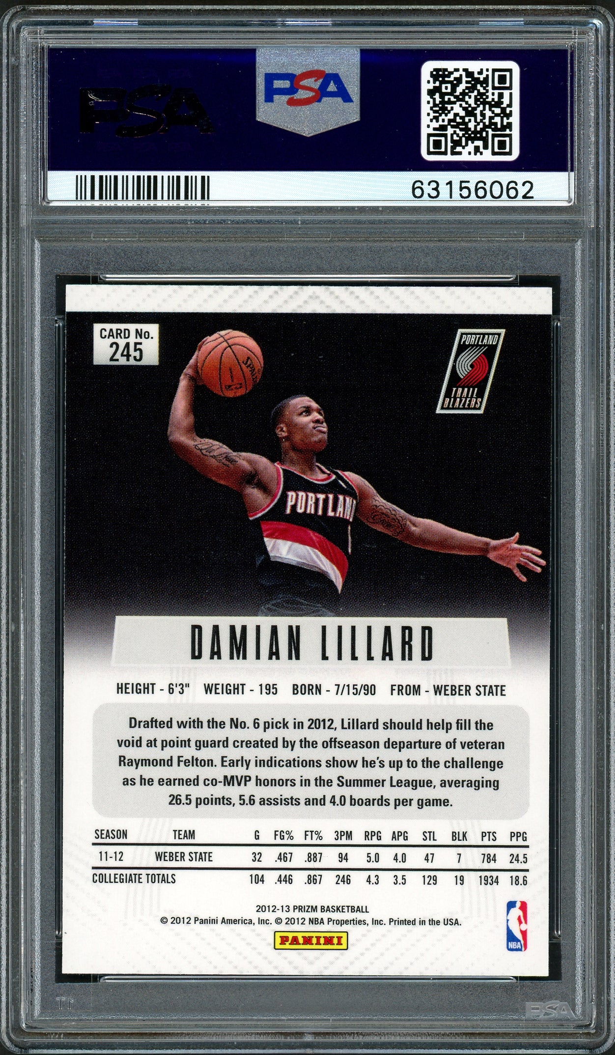 Damian Lillard Autographed 2012 Panini Prizm Rookie Card #245 Portland Trail Blazers PSA 10 Auto Grade Gem Mint 10 On Card PSA/DNA #196953