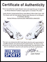 Justin Herbert Autographed Pair Of Game Used White & Black Nike Vapor 360 Pro Cleats Los Angeles Chargers "Game Used, Broncos 16 vs Chargers 19, 10/17/22, 238 Yds" Beckett BAS Witness #W453550 & #W453551
