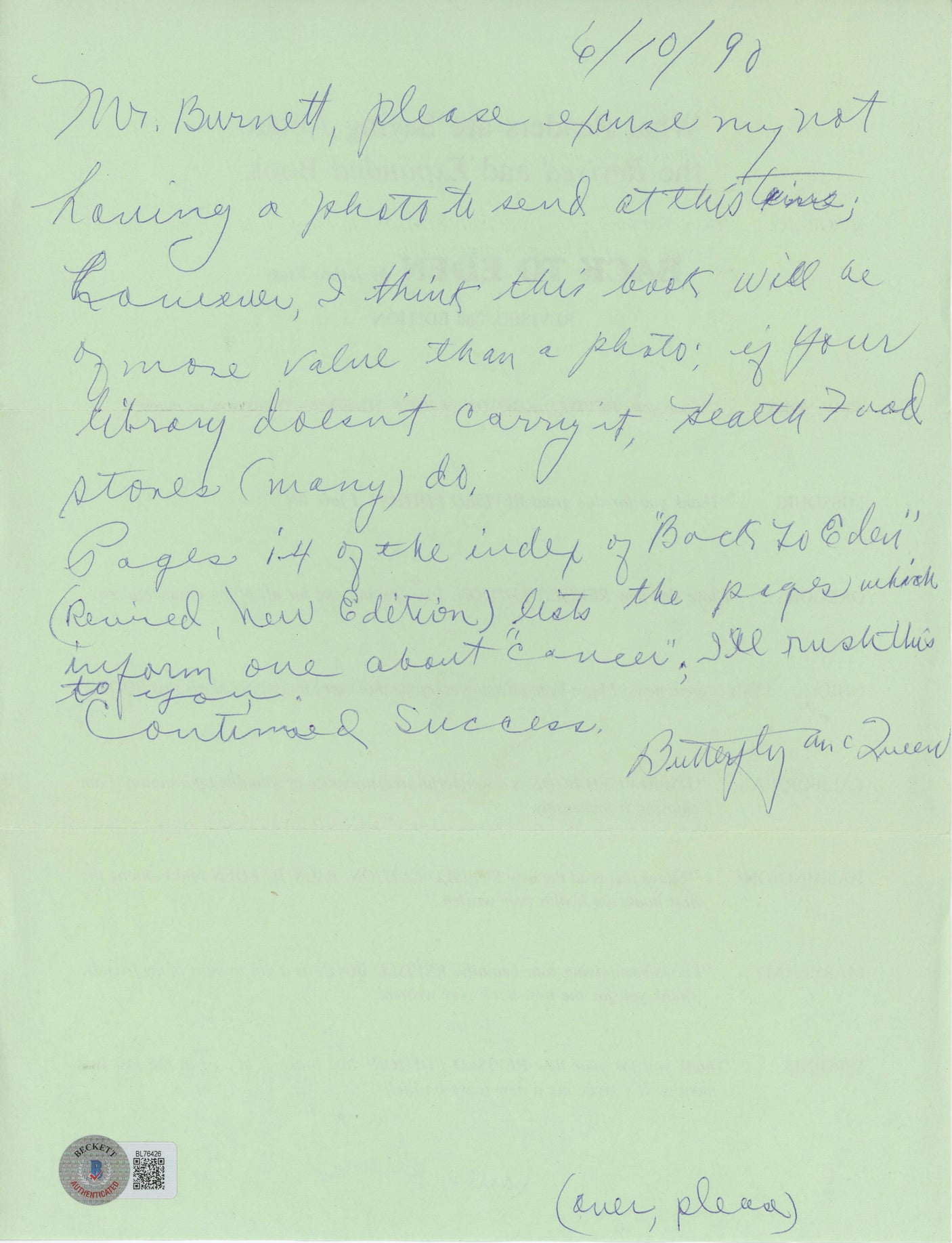 Butterfly McQueen Gone w/ the Wind Signed 8.5x11 Handwritten Letter BAS #BL76426