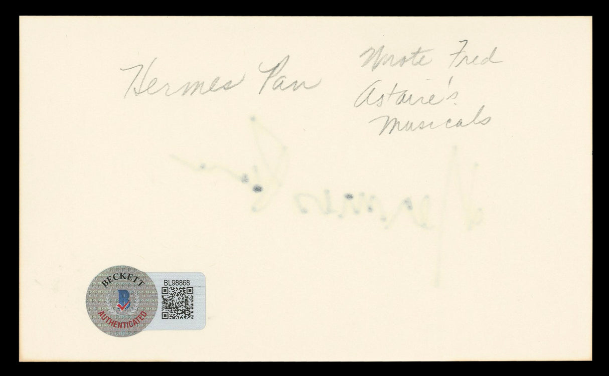 Hermes Pan Top Hat Authentic Signed 3x5 Index Card Autographed BAS #BL98868
