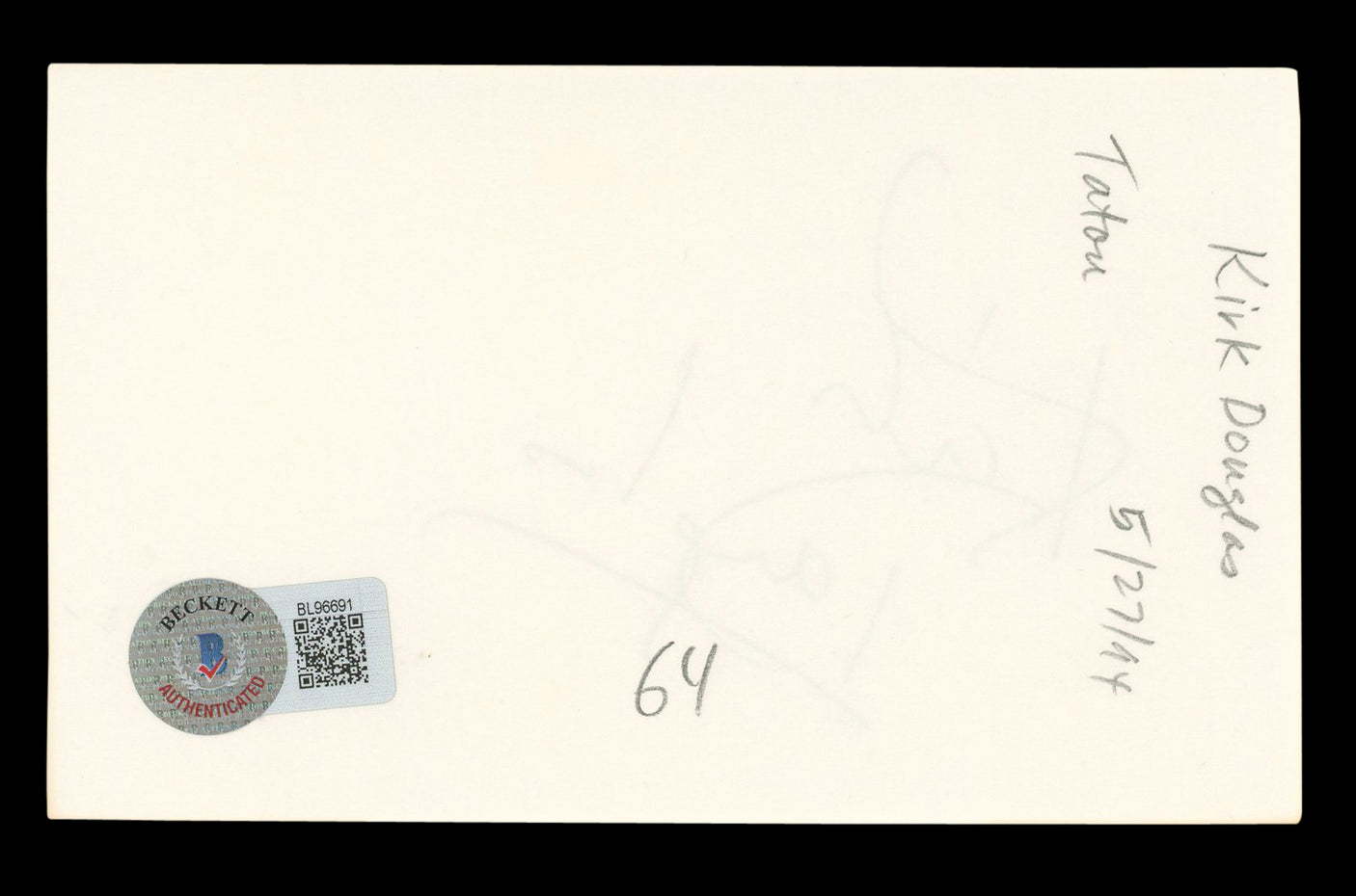 Kirk Douglas Spartacus Authentic Signed 3x5 Index Card Autographed BAS #BL96691