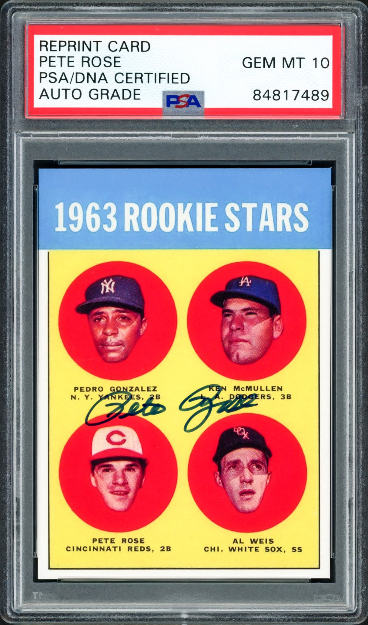 Pete Rose Autographed 1963 Topps Rookie Retro Reprint Card #537 Cincinnati Reds Auto Grade Gem Mint 10 PSA/DNA Stock #211870