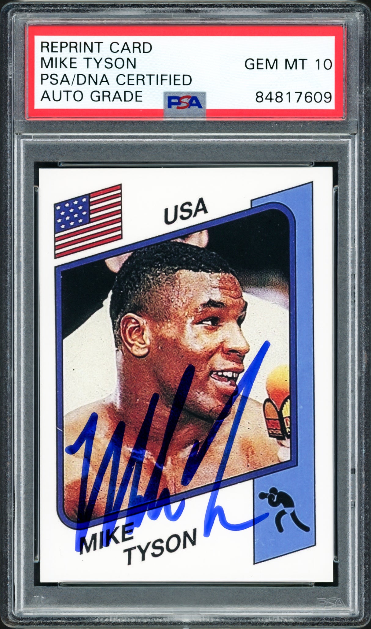 Mike Tyson Autographed 1986 Panini Supersport Rookie Retro Reprint Rookie Card #153 Auto Grade Gem Mint 10 PSA/DNA Stock #211872
