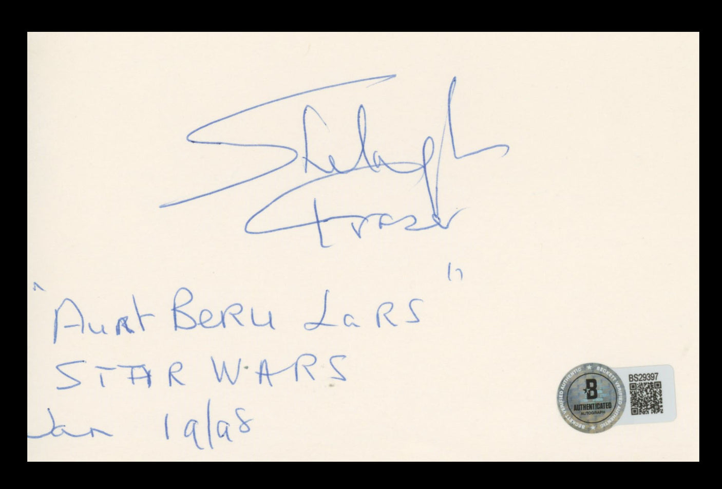 Shelagh Fraser Star Wars Authentic Signed 4x6 Index Card w/ note BAS #BS29397