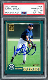 Ichiro Suzuki Autographed 2001 Topps Rookie Card #726 Seattle Mariners Auto Grade Gem Mint 10 PSA/DNA Stock #238605