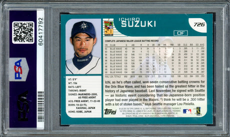 Ichiro Suzuki Autographed 2001 Topps Rookie Card #726 Seattle Mariners Auto Grade Gem Mint 10 PSA/DNA Stock #238605