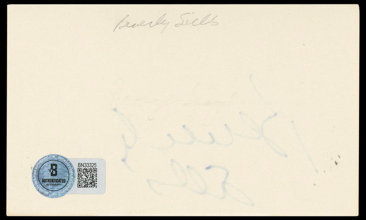 Beverly Sills Authentic Signed 3x5 Index Card Autographed BAS #BN33325