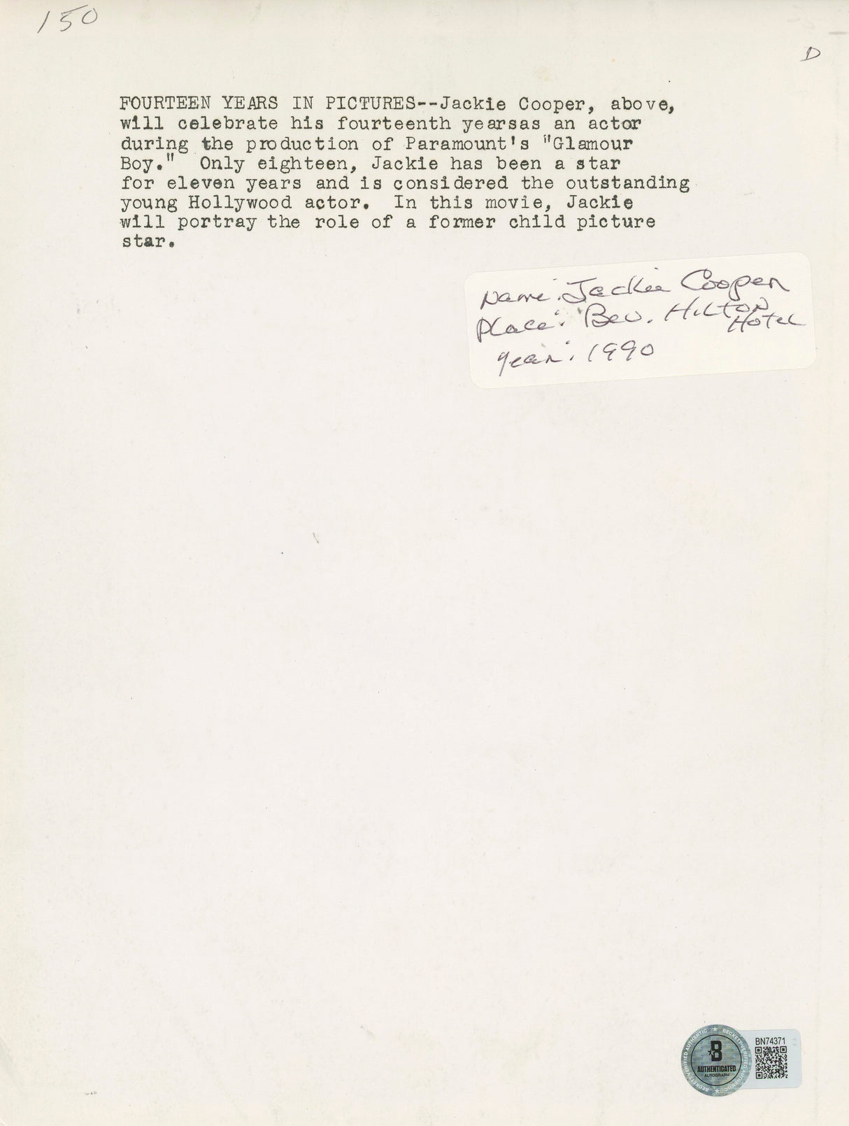 Jackie Cooper Superman "Best Always" Authentic Signed 7.5x10 Photo BAS #BN74371