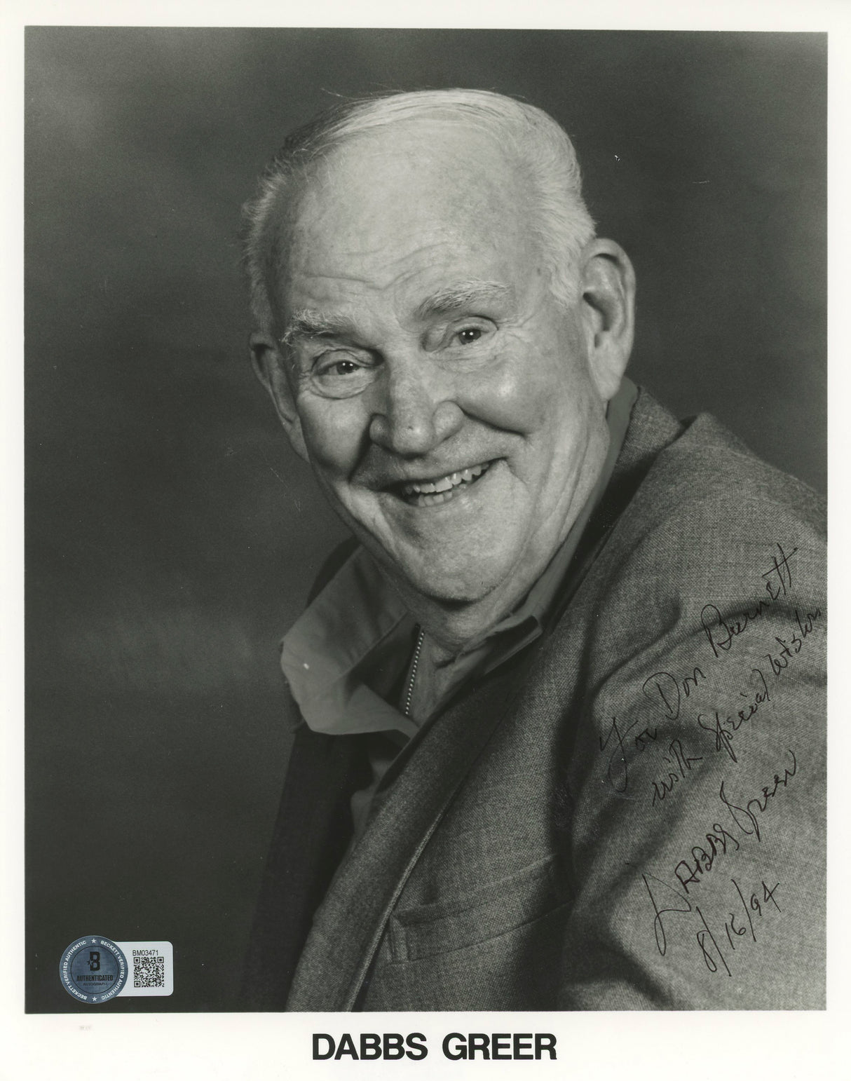 Dabbs Greer The Green Mile With Best Wishes Signed 8x10 Photo BAS #BM03471
