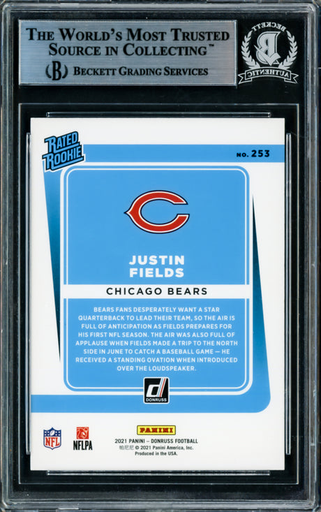 Justin Fields Autographed 2021 Donruss Rated Rookie Card #253 Chicago Bears Beckett BAS Stock #210113