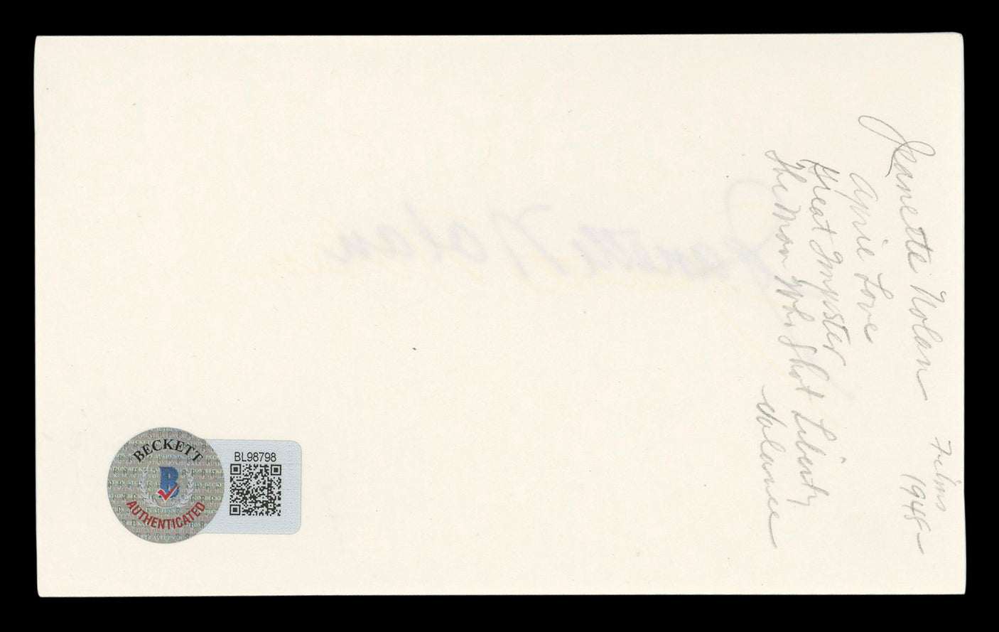 Jeanette Nolan Man Who Shot Liberty Valance Signed 3x5 Index Card BAS #BL98798