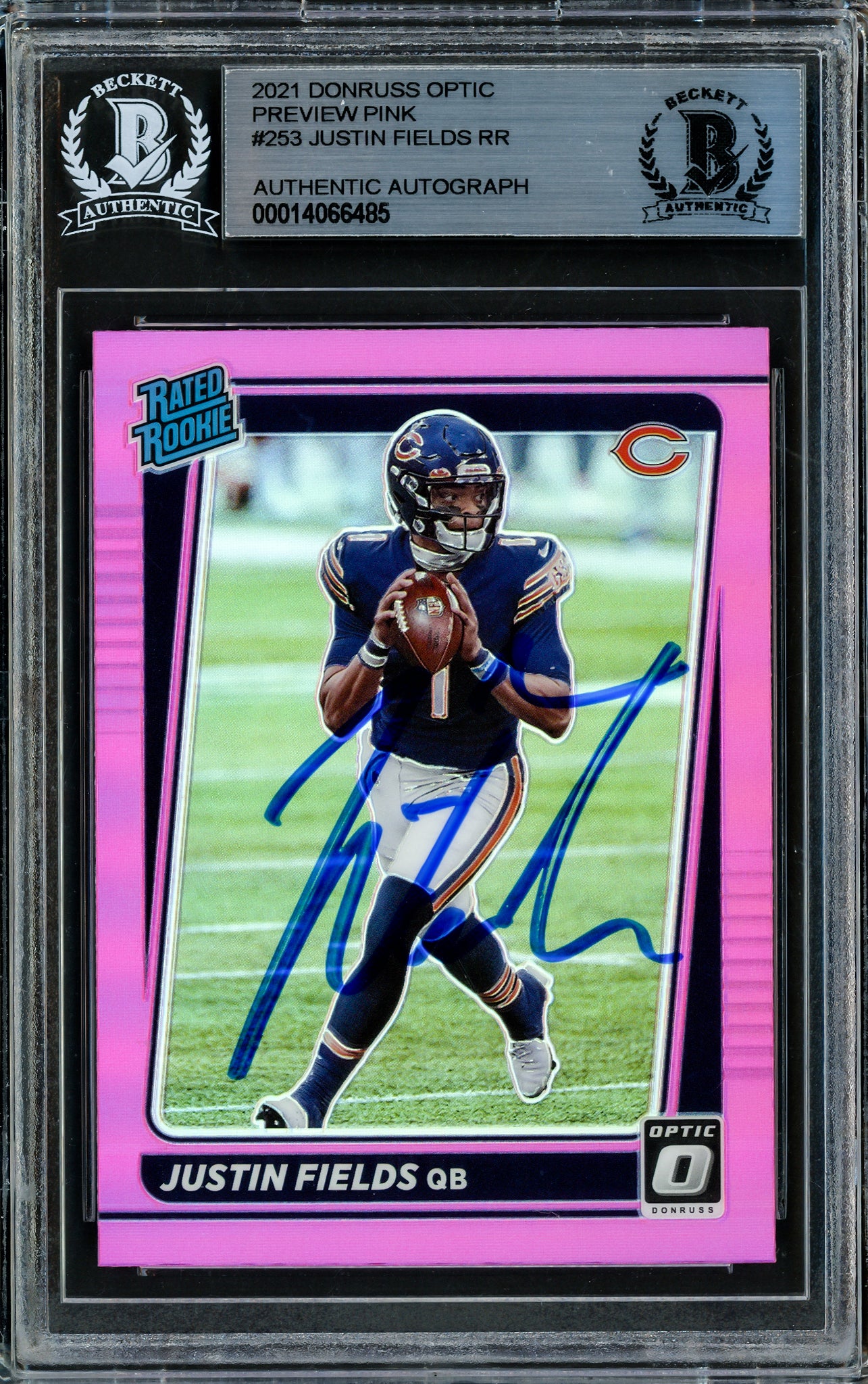 Justin Fields Autographed 2021 Donruss Optic Pink Prizm Preview Card #P-253 Chicago Bears Beckett BAS Stock #210115