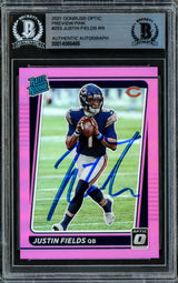 Justin Fields Autographed 2021 Donruss Optic Pink Prizm Preview Card #P-253 Chicago Bears Beckett BAS Stock #210115