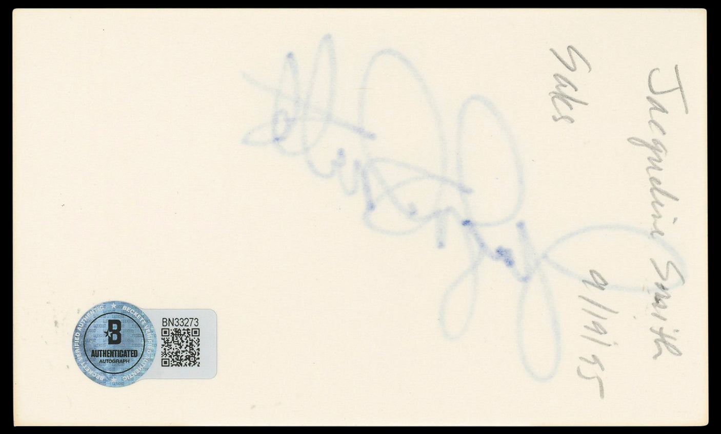 Jacqueline Smith Charlie's Angels Authentic Signed 3x5 Index Card BAS #BN33273