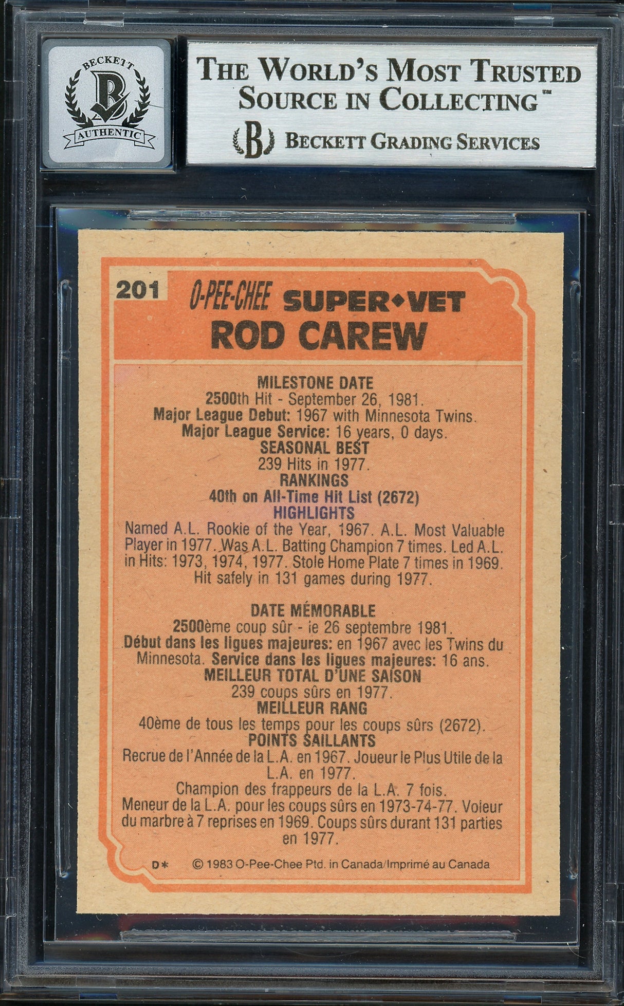 Rod Carew Autographed 1983 O Pee Chee Card #201 California Angels Auto Grade Gem Mint 10 Beckett BAS #12751547
