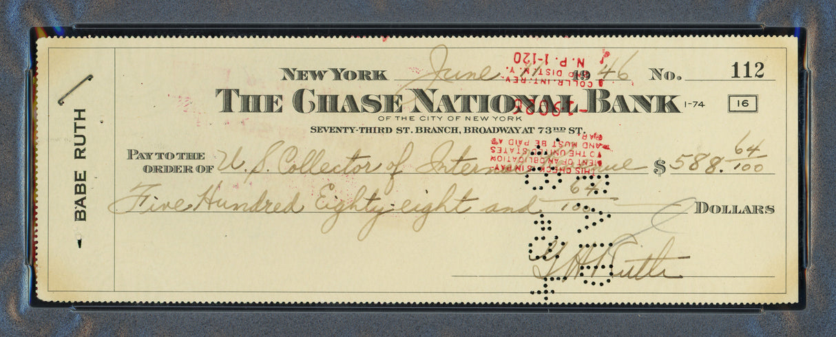 Babe Ruth Autographed 3x8.5 IRS Check New York Yankees PSA/DNA #85384529