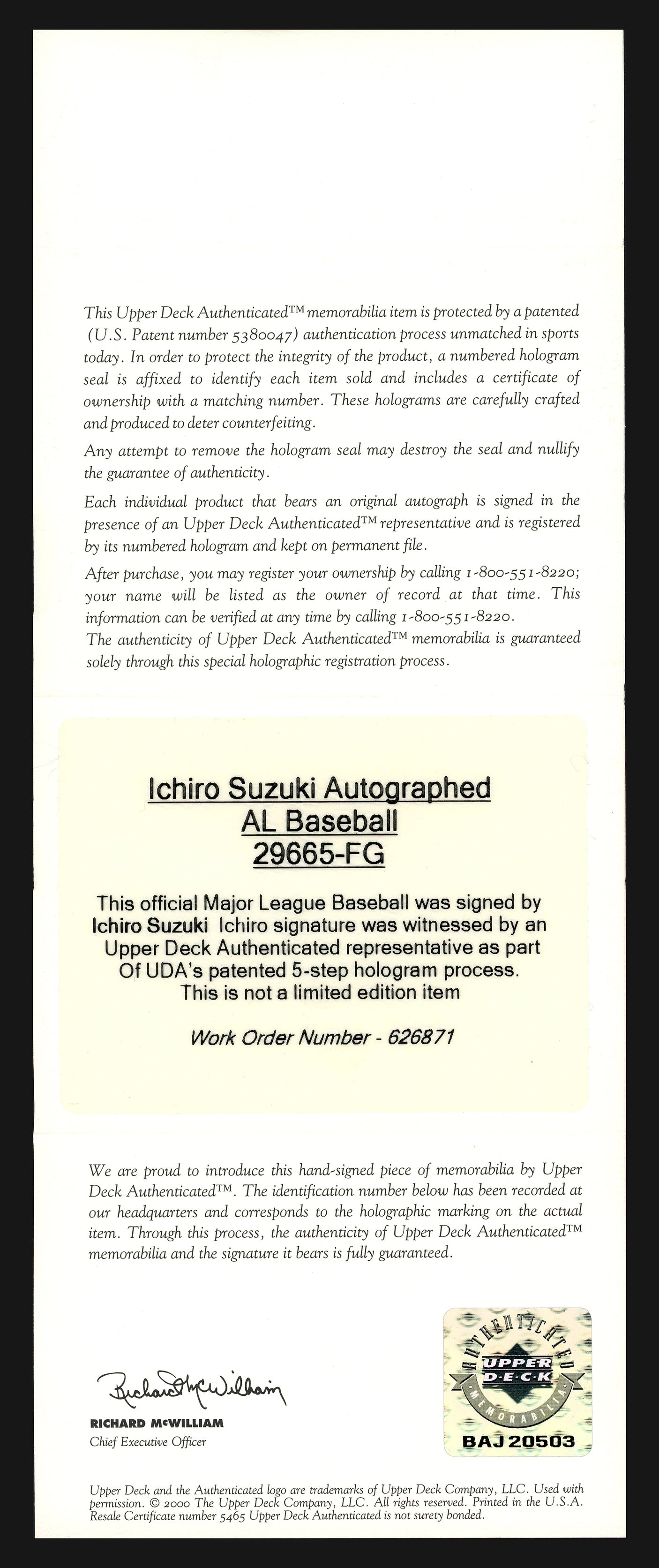 Ichiro Suzuki Autographed Official MLB Baseball Seattle Mariners Vintage 2003 Signature UDA #BAJ20503
