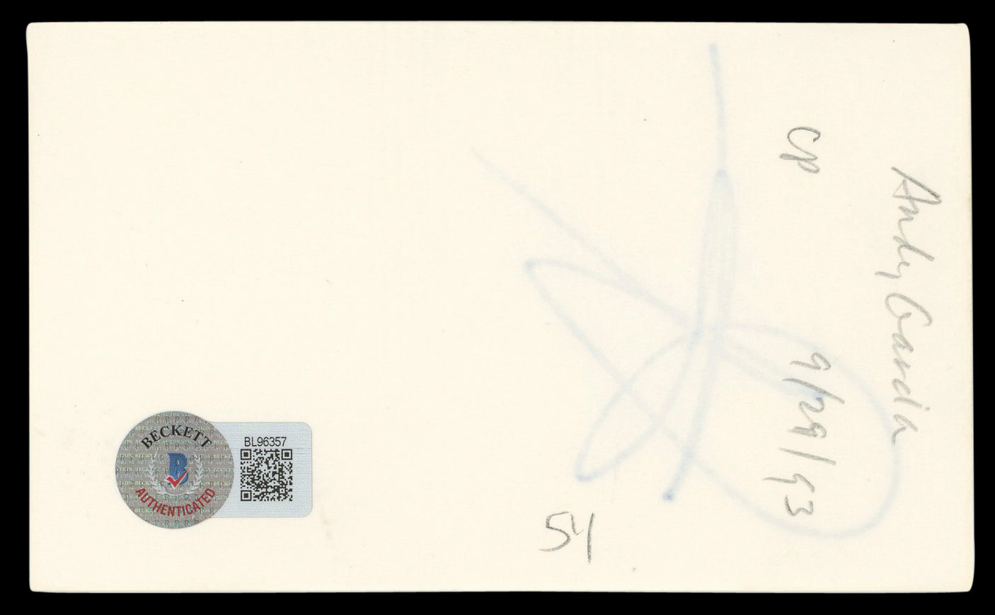 Andy Garcia The Untouchables Authentic Signed 3x5 Index Card BAS #BL96357