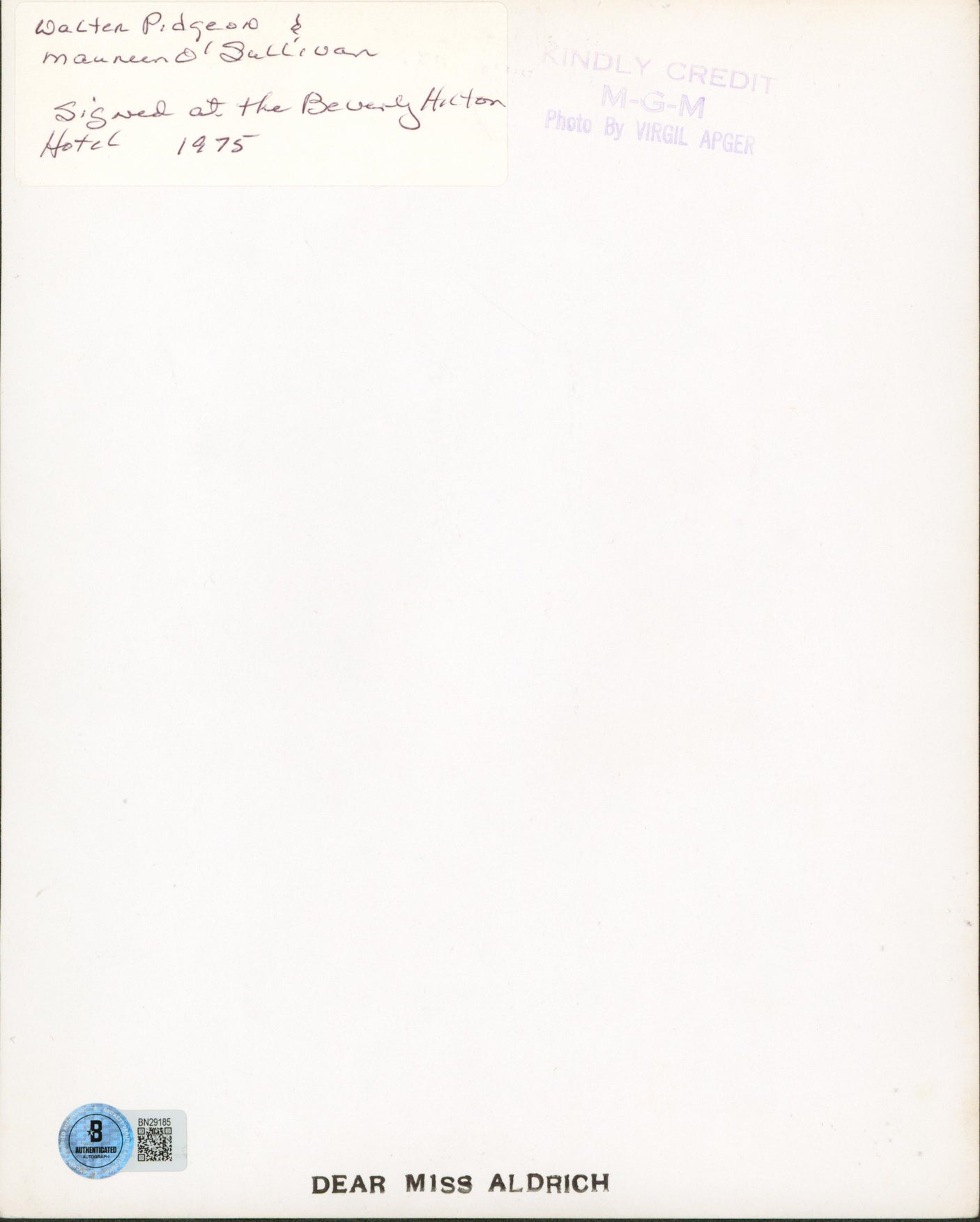 Walter Pidgeon & Maureen O'Sullivan Three Cheers for Love Signed 8x10 Photo BAS