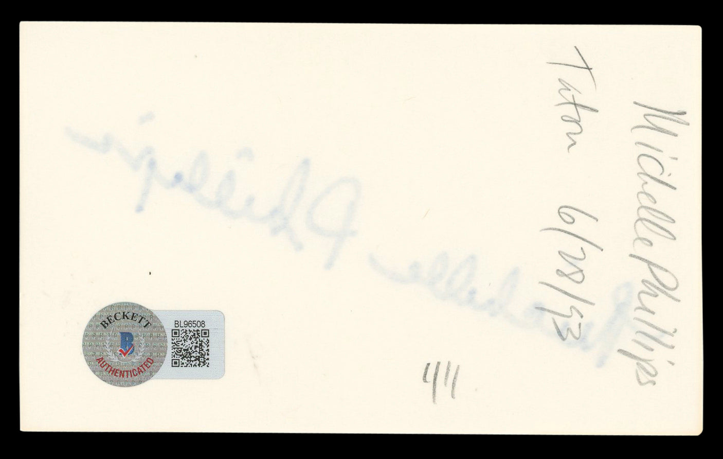 Michelle Phillips Knots Landing Authentic Signed 3x5 Index Card BAS #BL96508