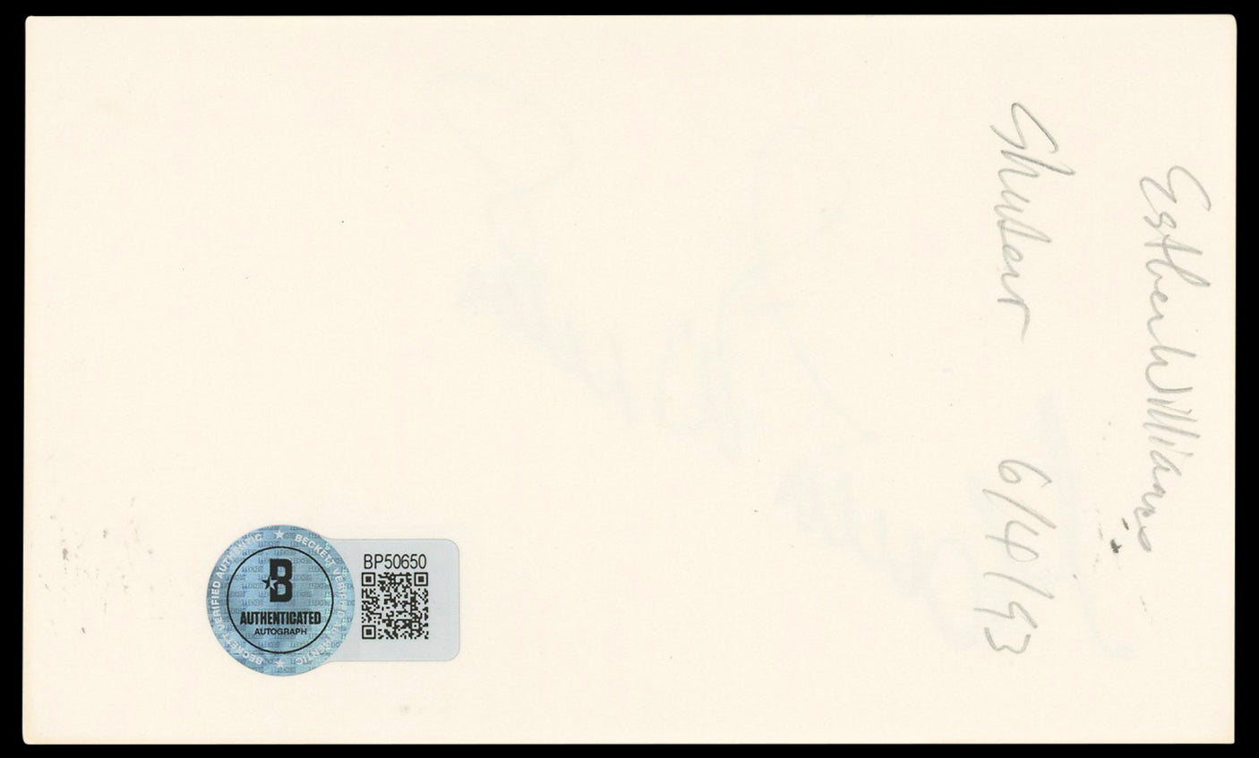Esther Williams Million Dollar Mermaid Signed 3x5 Index Card BAS #BP50650