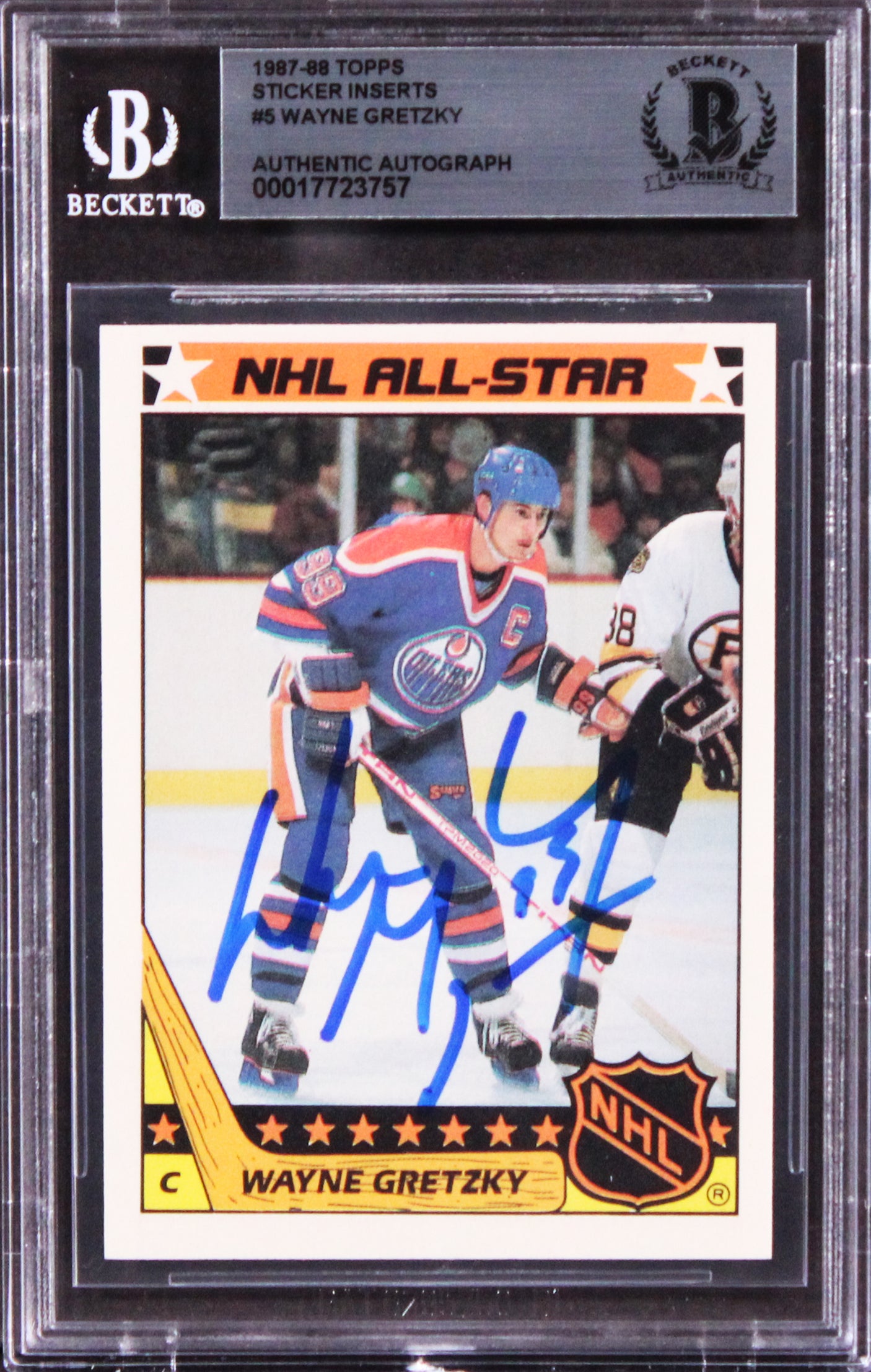 Oilers Wayne Gretzky Signed 1986 Topps Sticker Inserts #5 Card BAS Slabbed
