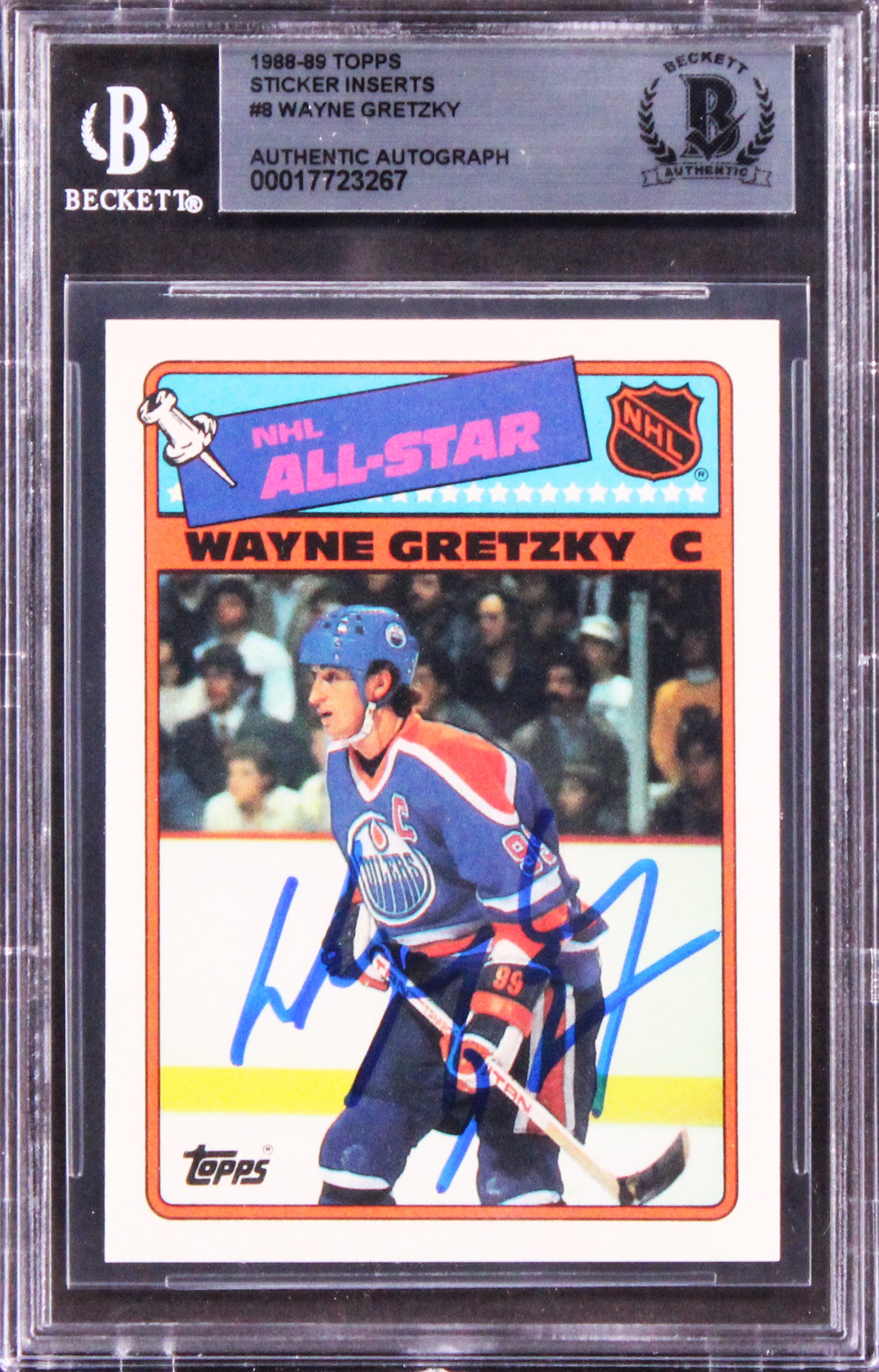 Oilers Wayne Gretzky Signed 1987 Topps Sticker Inserts #8 Card BAS Slabbed