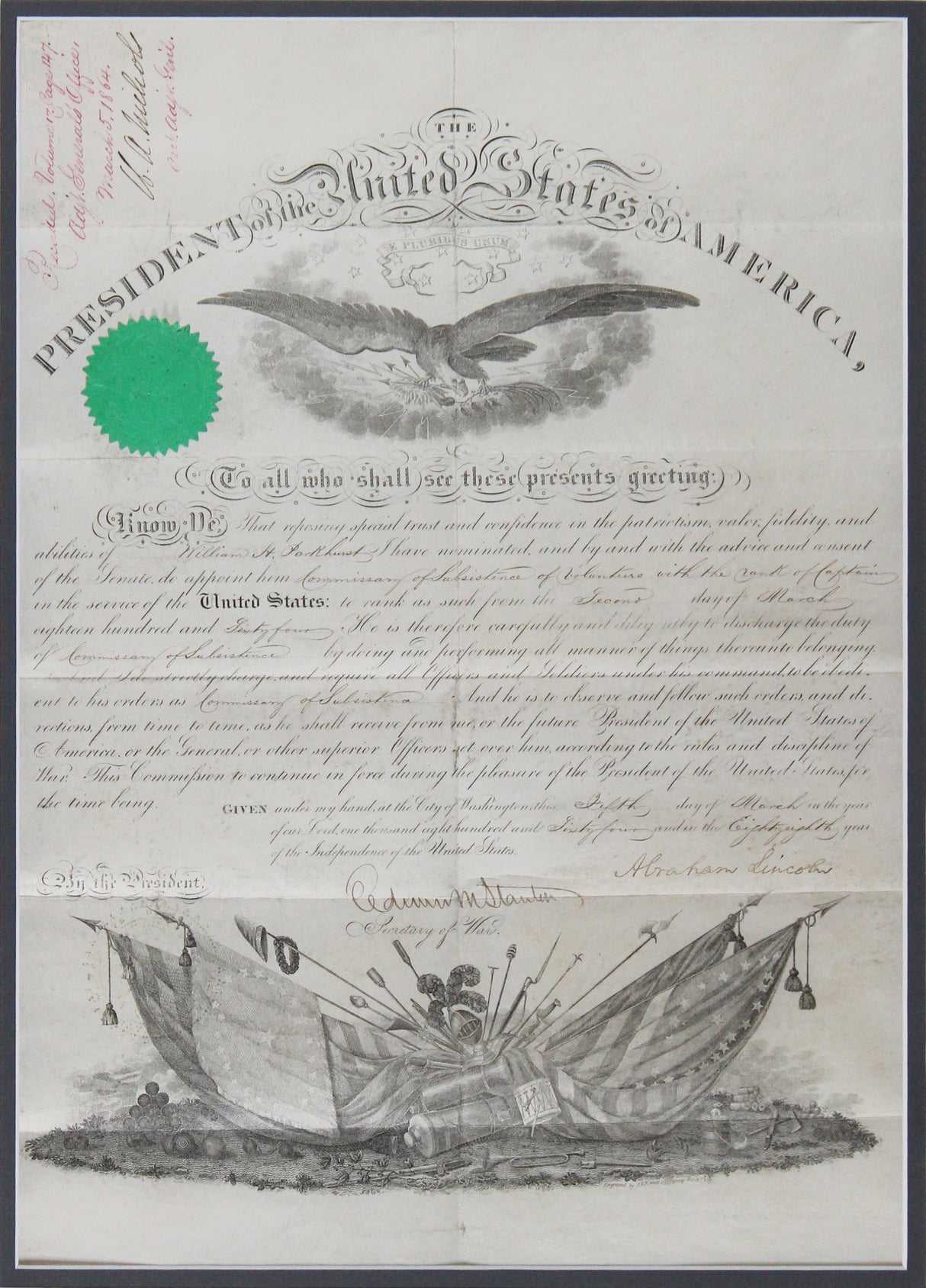 Abraham Lincoln Signed & Framed 15.75x19.75 1864 Military Appointment BAS LOA