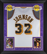 Lakers Magic Johnson Signed White M&N 1984-85 HWC Swingman Framed Jersey BAS Wit