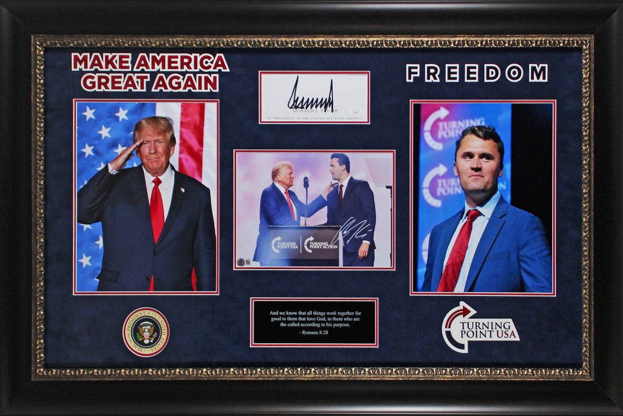 Donald J. Trump & Charlie Kirk Authentic Signed Framed Display BAS & JSA