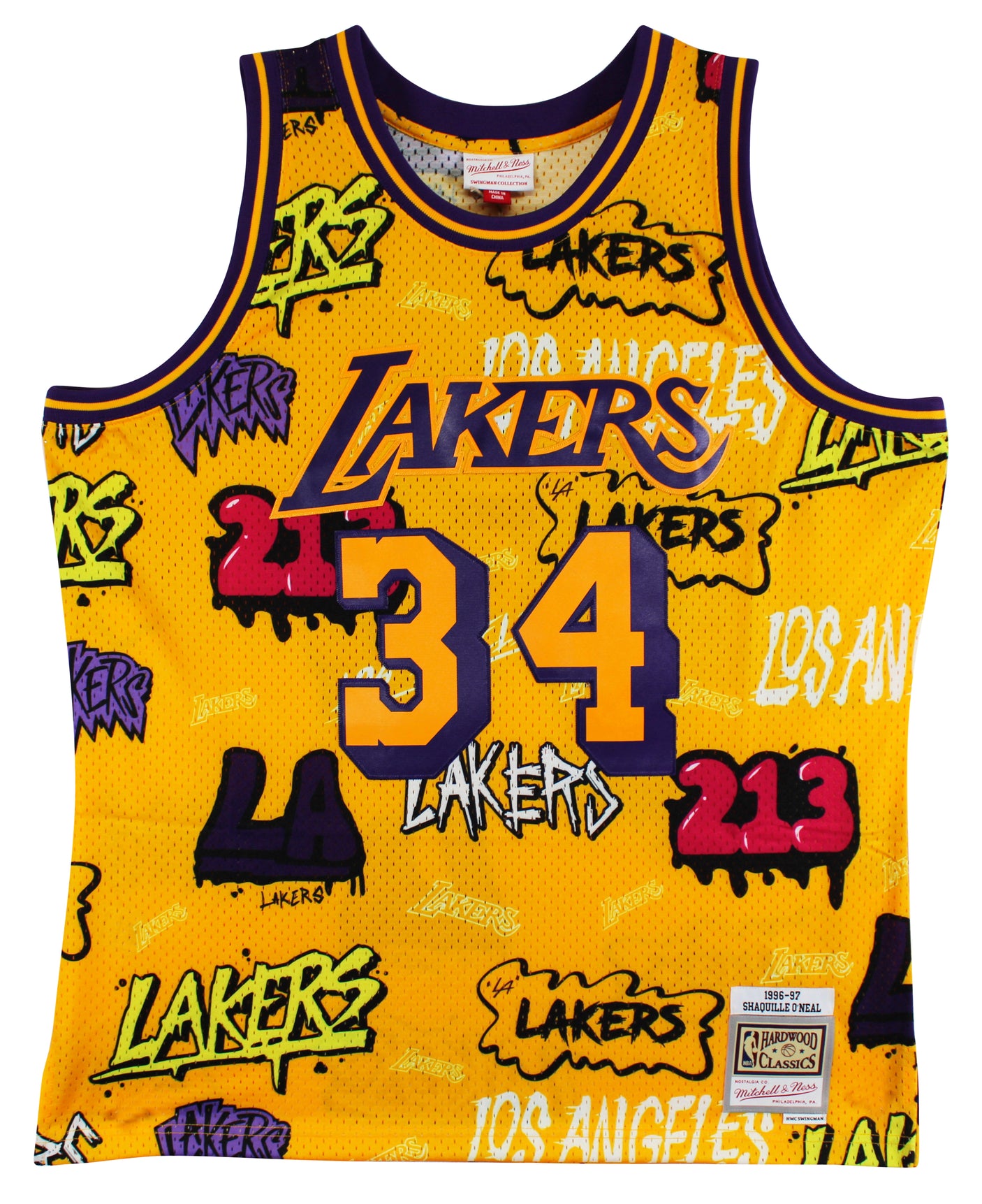 Lakers Shaquille O'Neal Signed Alt Yellow M&N 1996-97 HWC Swingman Jersey BAS W