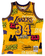 Lakers Shaquille O'Neal Signed Alt Yellow M&N 1996-97 HWC Swingman Jersey BAS W