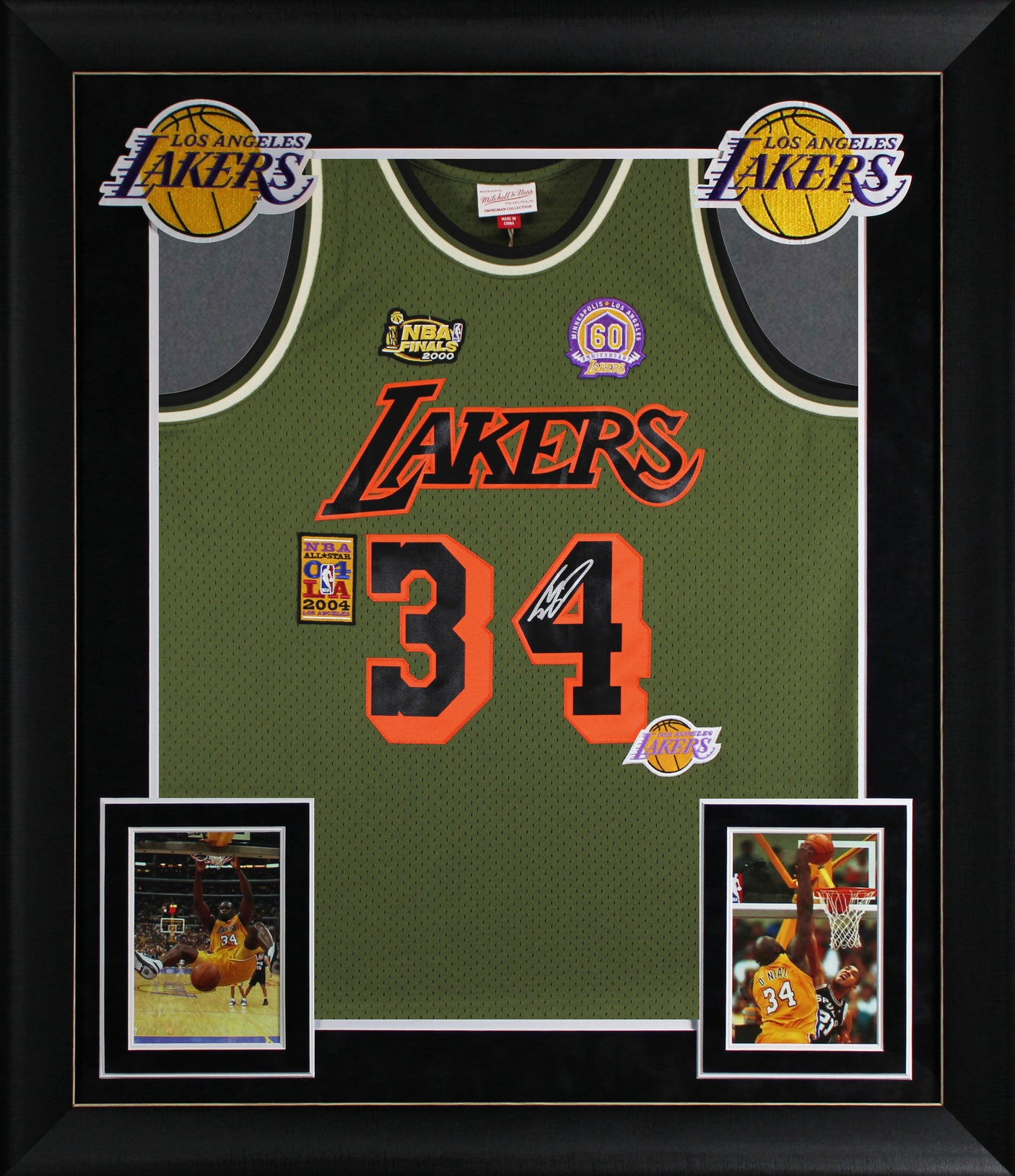 Lakers Shaquille O'Neal Signed Green M&N 96-97 HWC Swingman Framed Jersey BAS W